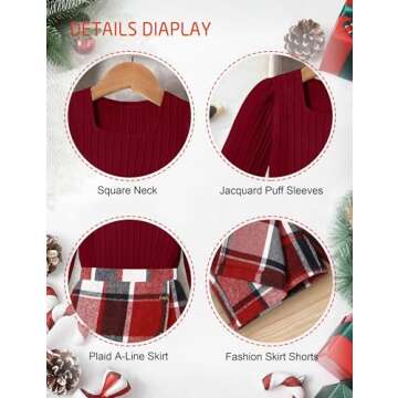 AGAPENG Girl Clothes Size 7 8 Girls Outfit Skirt Sets Square Neck Red Jacquard Puff Long Sleeve Shirt Tops Red Plaid Mini Skirt Shorts Girls Christmas Dress Christmas Outfit Fall Winter Outfits