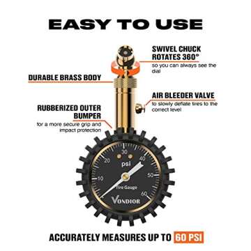 Tire Pressure Gauge - (0-60 PSI) Heavy Duty, Certified ANSI Accurate with Large 2 Inch Easy to Read ...