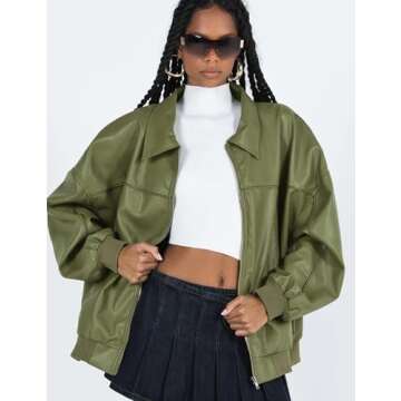 EsheSy Women's Oversized Faux Leather Bomber Jacket for Chic Style