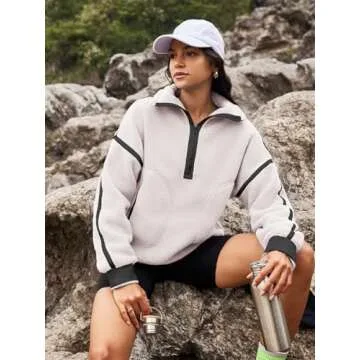 Panadila Womens Half Zip Sherpa Fleece Pullover Soft Oversized Sweatshirt with Pockets Warm Fuzzy Sweater (White,S)