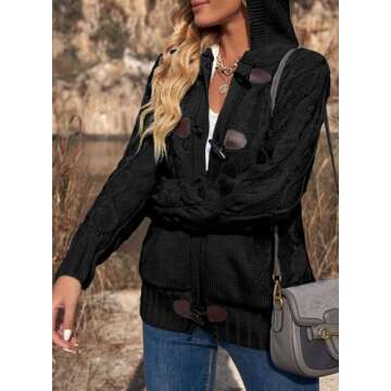 Dokotoo Womens Fashion Ladies Winter Chunky Hooded Casual Cardigans Sweaters Solid Open Front Long Sleeve Cable Knit Sweater Fleece Coat Jackets Outerwear with Pockets Black Large