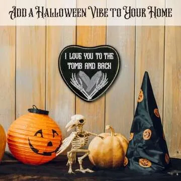 Gothic Heart Wood Sign, I Love You To Death Sign, Retro Gothic Wooden Wall Art, Skeleton Horror Wood Plaque Decor, Anniversary Halloween Gifts for Lover Wife Husband Couples -14