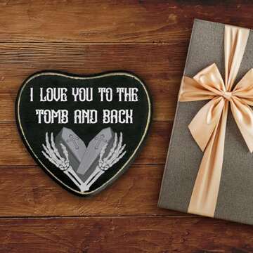 Gothic Heart Wood Sign, I Love You To Death Sign, Retro Gothic Wooden Wall Art, Skeleton Horror Wood Plaque Decor, Anniversary Halloween Gifts for Lover Wife Husband Couples -14