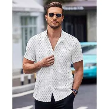 COOFANDY Mens Short Sleeve Button Down Shirts Wrinkle Free Dress Shirts Casual Polka Dot Print Shirt with Pocket White