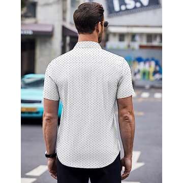 COOFANDY Mens Short Sleeve Button Down Shirts Wrinkle Free Dress Shirts Casual Polka Dot Print Shirt with Pocket White