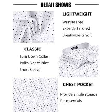 COOFANDY Mens Short Sleeve Button Down Shirts Wrinkle Free Dress Shirts Casual Polka Dot Print Shirt with Pocket White