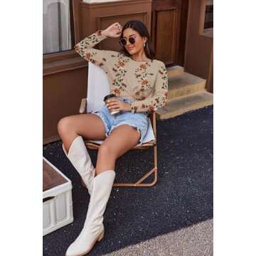 Ekouaer Women's Waffle Knit Pajama Sets Comfy Long Sleeve Lounge Sets 2 Piece Matching Pj Sets with Pockets Khaki Floral Print Small