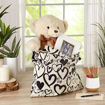 Hallmark 19" Large Canvas Bag with Drawstring (Ivory with Black Hearts) for Valentines Day, Weddings...