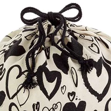 Hallmark 19" Large Canvas Bag with Drawstring (Ivory with Black Hearts) for Valentines Day, Weddings, Bridal Showers, Anniversary and More