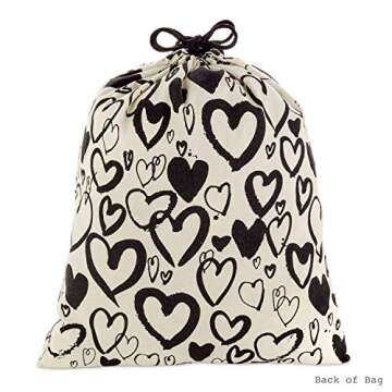 Hallmark 19" Large Canvas Bag with Drawstring (Ivory with Black Hearts) for Valentines Day, Weddings, Bridal Showers, Anniversary and More