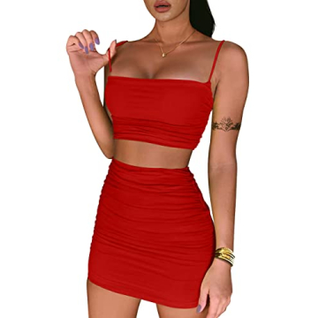 BEAGIMEG Neon Green 2-Piece Ruched Crop Top & Skirt Set