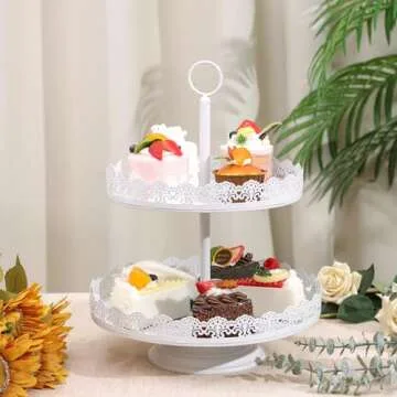 ZUMELER 5Pcs White Cake Stands Set Metal Cupcake Holder Cookies Dessert Display Plate Serving Tower Tray Platter with Handl for Baby Shower Wedding Birthday Party Celebration