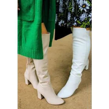 TruFox Womens Classy Fashion Knee High Block Heel Boots, Ivory, 8.5
