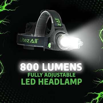LitezAll LED Head Lamp Work Light - 800 Lumen Adjustable Headlamp, Weather Resistant, Battery Powere...