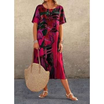 Akivide Women's Boho Floral Midi Tshirt Dress Casual Baggy Loose Summer Short Sleeve Beach Vacation ...