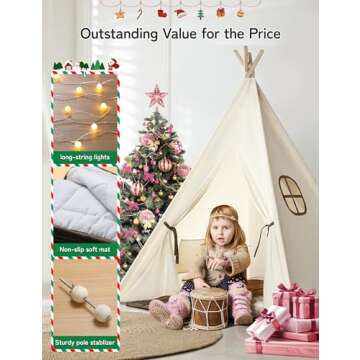 Besrey Kids Tent, Teepee Play Tent with Lights and Padded Mat, Portable Cotton Tipi for Indoor Readi...