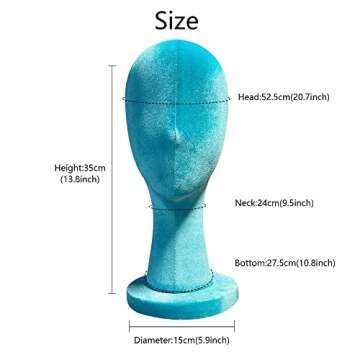 DE-LIANG Female Head Mannquin Wig Hold Stand Velvet Dress Form Fully Pinnable Wear Earring Manikin Head for Hat Jewelry Clothing Fabric Block Model Blue33cm