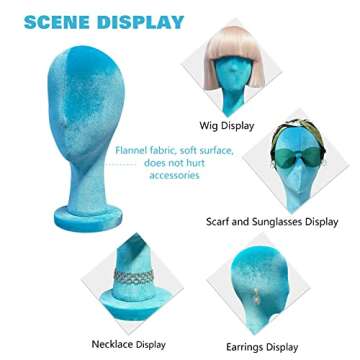 DE-LIANG Female Head Mannquin Wig Hold Stand Velvet Dress Form Fully Pinnable Wear Earring Manikin Head for Hat Jewelry Clothing Fabric Block Model Blue33cm