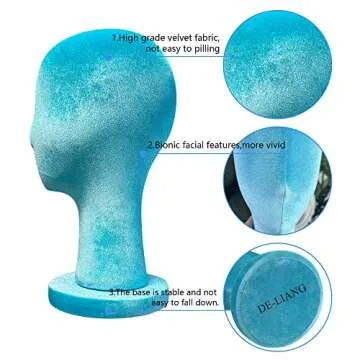 DE-LIANG Female Head Mannquin Wig Hold Stand Velvet Dress Form Fully Pinnable Wear Earring Manikin Head for Hat Jewelry Clothing Fabric Block Model Blue33cm
