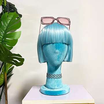 DE-LIANG Female Head Mannquin Wig Hold Stand Velvet Dress Form Fully Pinnable Wear Earring Manikin Head for Hat Jewelry Clothing Fabric Block Model Blue33cm