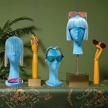 DE-LIANG Female Head Mannquin Wig Hold Stand Velvet Dress Form Fully Pinnable Wear Earring Manikin Head for Hat Jewelry Clothing Fabric Block Model Blue33cm