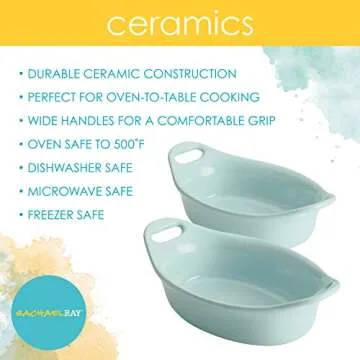Rachael Ray Solid Glaze Ceramics Au Gratin Bakeware / Baker Set, Oval - 2 Piece, Light Blue