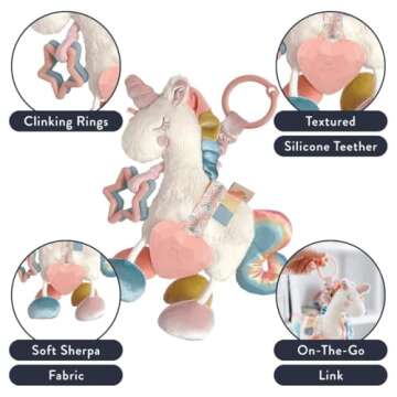 Itzy Ritzy Link & Love Toy for Stroller or Car Seat; Features Textured Ribbons, Crinkle Sounds, Clinking Rings & Silicone Teether; Designed For Ages 0 Months and Up (Unicorn)