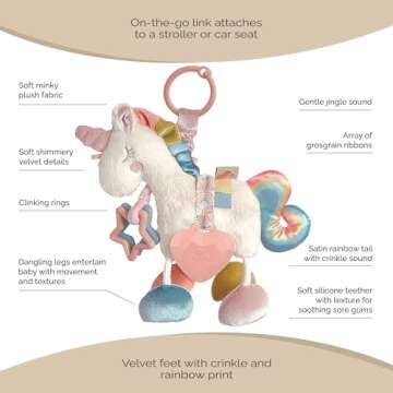 Itzy Ritzy Link & Love Toy for Stroller or Car Seat; Features Textured Ribbons, Crinkle Sounds, Clinking Rings & Silicone Teether; Designed For Ages 0 Months and Up (Unicorn)