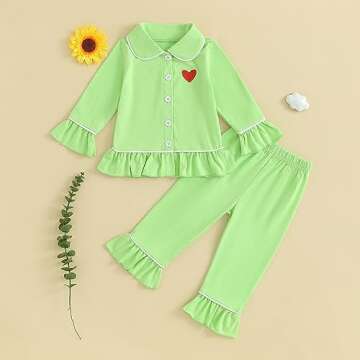 fhutpw Toddler Kids Baby Girl Pajamas Set Solid Color Ruffle Long Sleeve Button Shirt Top Pants Cott...