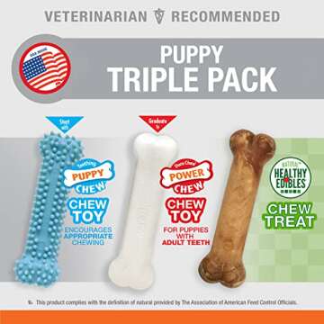 Nylabone Puppy Chew Toys & Natural Treat Triple Pack, Blue, Chicken & Bacon Flavor, Small - Up to 25 Ibs, 3 Pack