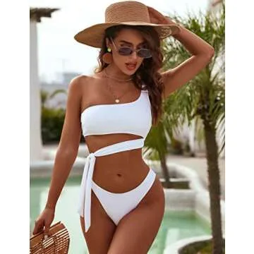 Blooming Jelly Womens Cheeky Thong Bikini One Shoulder High Leg Swim Suits Sexy Two Piece Bathing Suits (Large, White)