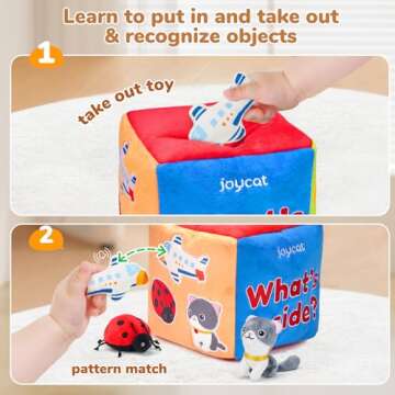 JoyCat Baby Toys 6-12 Months - Mystery Soft Box with 10 Sensory Objects, Rattle, Crinkle Paper, Mirror - What's Inside Box Infant Gifts, Busy Baby Toys 12-18 Months, Toddler 1-2
