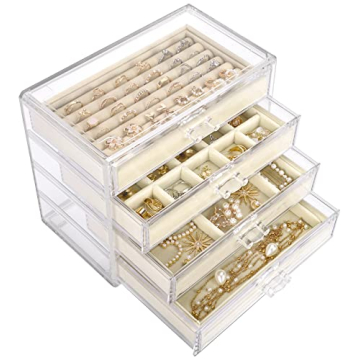 Mebbay Acrylic Jewelry Organizer, Clear Jewelry Box with 4 Drawers, Velvet Rings Earring Necklace Br...
