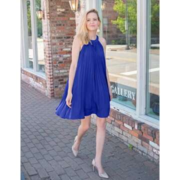 PRETTYGARDEN Summer Mini Halter Dresses for Women 2024 Sleeveless Pleated Short A Line Flowy Beach Wedding Guest Dress (Blue,X-Large)
