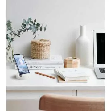 PHINILUX Marble Phone Stand for Desk, Cell Phone Holder for Kitchen Countertops, Office iPhone Stand, Cute Boho Modern Accessories, Italy Carrara(Matte-Finished)