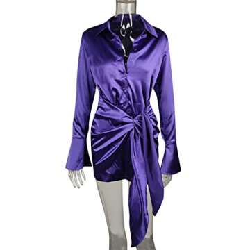 SHESEEWORLD Women's Sexy Long Sleeve V Neck Button Tie Waist Bodycon Satin Wrap Club Party Mini Dress Purple