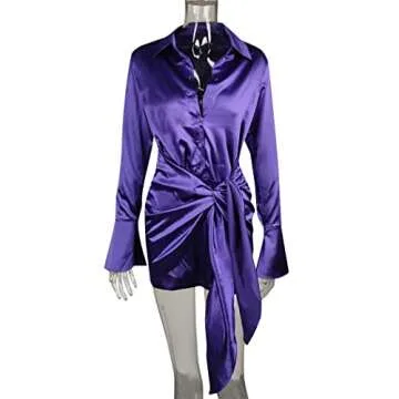 SHESEEWORLD Women's Sexy Long Sleeve V Neck Button Tie Waist Bodycon Satin Wrap Club Party Mini Dress Purple