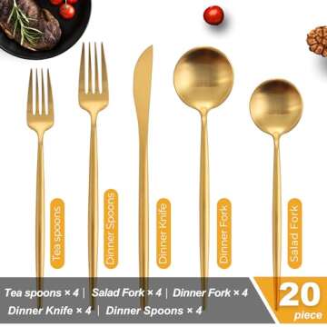 Runfly Matte Gold Silverware Set for 4, 20 Pieces Stainless Steel Flatware Set, Kitchen Utensil Set, Tableware Cutlery Set, Knife Spoons And Forks Set, Satin Finished, Nice Gift Box