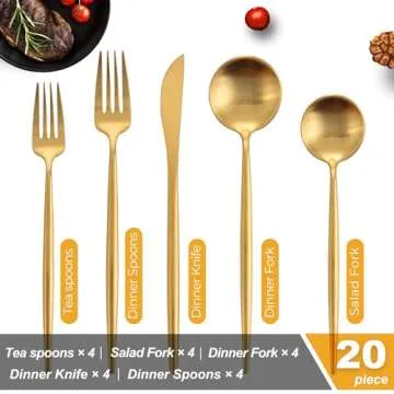 Runfly Matte Gold Silverware Set for 4, 20 Pieces Stainless Steel Flatware Set, Kitchen Utensil Set, Tableware Cutlery Set, Knife Spoons And Forks Set, Satin Finished, Nice Gift Box