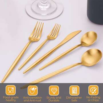 Runfly Matte Gold Silverware Set for 4, 20 Pieces Stainless Steel Flatware Set, Kitchen Utensil Set, Tableware Cutlery Set, Knife Spoons And Forks Set, Satin Finished, Nice Gift Box