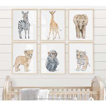 Safari and Jungle Animal Nursery Prints Set of 6 Unframed, Pick Your Baby Animals and Print Size, Original Watercolor Art Signed by Artist
