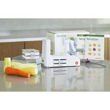 Mealthy 5-Blade Spiralizer | Vegetable Slicer with Durable Stainless Steel Blades | Kitchen Cooking Tool | Spiral Zoodle Maker with Catch & Store Container | Includes iOS & Android Recipe & Video App