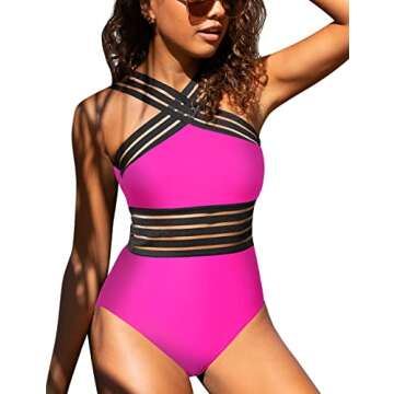Hilor Swimsuit for Women: Neon Pink Front Crossover One-Piece Swimwear