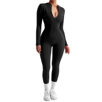 SUUKSESS Women Long Sleeve Ribbed Zip Up Jumpsuit Black S