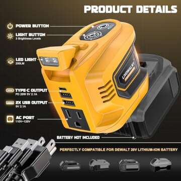 200W Power Inverter for Dewalt 20V Battery, DC 20V to AC 110-120V Battery Inverter, Portable Power S...