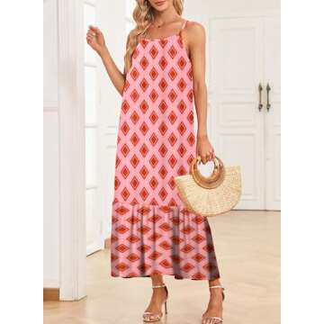 Dokotoo Sun Dresses Women Summer Casual Maxi Dresses Scoop Neck Boho Beach Dress Sleeveless Spaghetti Strap Sexy Dress Ruffle A Line Flowy Dresses Small Multicolor