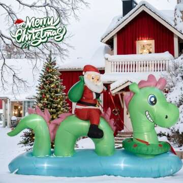 Nervure 9FT Christmas Nessie Inflatable - Santa Claus Rides The Nessie to Deliver Presents - Christmas Outdoor Blow Up Yard Decorations with Built-in Lights for Garden Lawn Xmas Holiday Party Decor