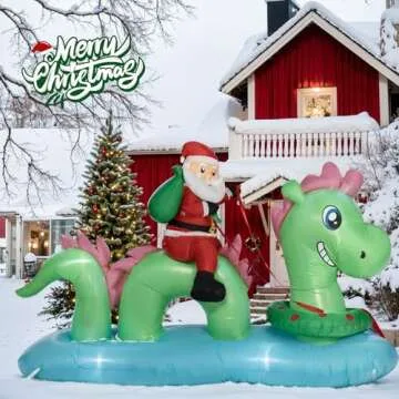 Nervure 9FT Christmas Nessie Inflatable - Santa Claus Rides The Nessie to Deliver Presents - Christmas Outdoor Blow Up Yard Decorations with Built-in Lights for Garden Lawn Xmas Holiday Party Decor