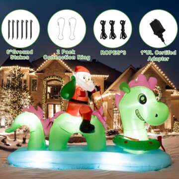 Nervure 9FT Christmas Nessie Inflatable - Santa Claus Rides The Nessie to Deliver Presents - Christmas Outdoor Blow Up Yard Decorations with Built-in Lights for Garden Lawn Xmas Holiday Party Decor