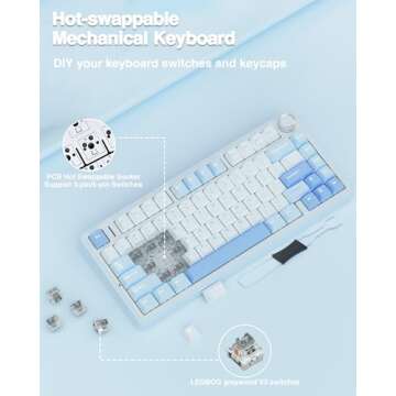 AULA F75 75% Wireless Mechanical Keyboard,Gasket Hot Swappable Custom Keyboard,Pre-lubed Greywood Switch RGB Backlit Gaming Keyboard,2.4GHz/Type-C/BT5.0 Mechanical Keyboard (Salt White Blue)